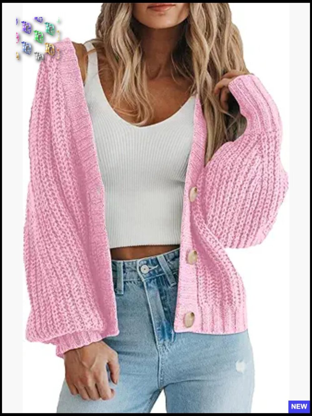 Chunky Knit Open Front Cardigan Long Sleeve Button Loose Short Coats - Picture 1 of 7